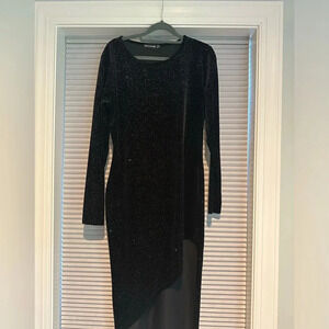 Black velvet formal dress with metallic accents
